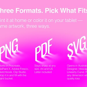 Może przedstawiać: Jasnor&oacute;żowa grafika z tekstem Three Formats. Pick What Fits. Print it at home or color it on your tablet &mdash; same artwork, three ways. Obraz przedstawia typy plik&oacute;w PNG, PDF i SVG wraz z opisami dla każdego z tych format&oacute;w.