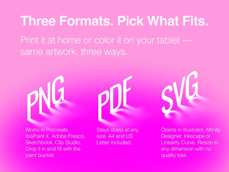 Może przedstawiać: Jasnor&oacute;żowa grafika z tekstem Three Formats. Pick What Fits. Print it at home or color it on your tablet &mdash; same artwork, three ways. Obraz przedstawia typy plik&oacute;w PNG, PDF i SVG wraz z opisami dla każdego z tych format&oacute;w.