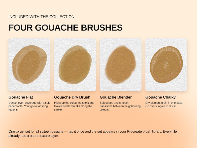 May include: A digital collection of four gouache brushes labeled Gouache Flat, Gouache Dry Brush, Gouache Blender, and Gouache Chalky. Each brush is represented by a brown circular paint stroke on a white textured background with descriptive text.