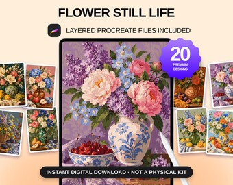 20 Blumenstillleben zum Ausmalen nach Zahlen, detaillierte Procreate-Malvorlagen (Digitaler Download)