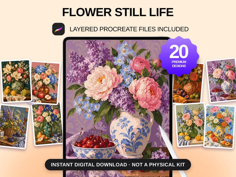 20 Flower Still Life Color by Number, Detailed Procreate Painting Pages (Digital Download) image 1