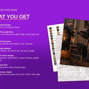 May include: A digital art kit featuring a numbered paint-by-number guide and a finished illustration of a witch's chair with a hat, broom, and pumpkin. The text lists contents including Procreate files, gouache brushes, palettes, and reference sheets.