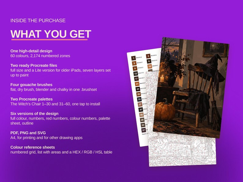 May include: A digital art kit featuring a numbered paint-by-number guide and a finished illustration of a witch's chair with a hat, broom, and pumpkin. The text lists contents including Procreate files, gouache brushes, palettes, and reference sheets.