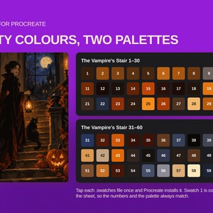 May include: A digital color palette set for Procreate titled Sixty Colours, Two Palettes. It features an illustration of a figure in a dark cloak holding a lantern on stairs with a cat and pumpkin, alongside two grids of numbered color swatches.