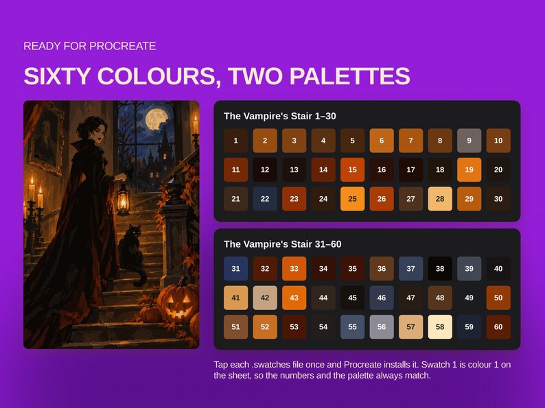 May include: A digital color palette set for Procreate titled Sixty Colours, Two Palettes. It features an illustration of a figure in a dark cloak holding a lantern on stairs with a cat and pumpkin, alongside two grids of numbered color swatches.