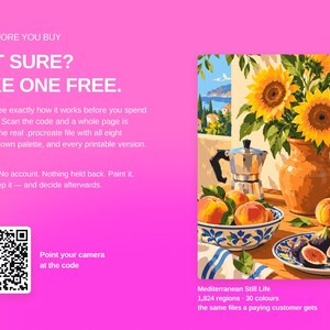 May include: A digital illustration titled Mediterranean Still Life featuring a bouquet of sunflowers in a terracotta pitcher, a moka pot, a bowl of peaches, and a plate of figs. A QR code is displayed on a bright pink background with text.