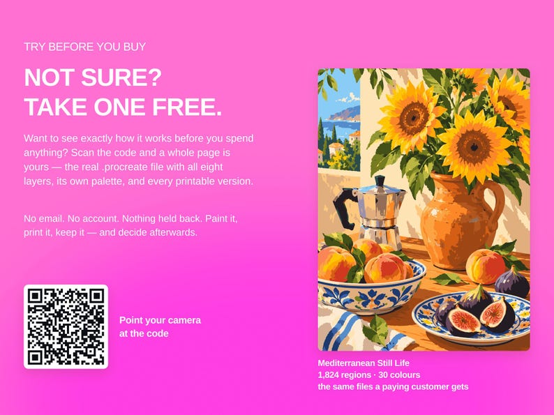 May include: A digital illustration titled Mediterranean Still Life featuring a bouquet of sunflowers in a terracotta pitcher, a moka pot, a bowl of peaches, and a plate of figs. A QR code is displayed on a bright pink background with text.