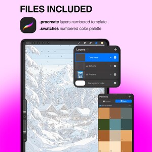 Puede incluir: Una plantilla digital de pintura por n&uacute;meros para Procreate que muestra una escena de un pueblo de monta&ntilde;a nevado. La interfaz muestra un panel de capas con opciones de dibujo, un esquema y una vista previa, junto a una paleta de colores.