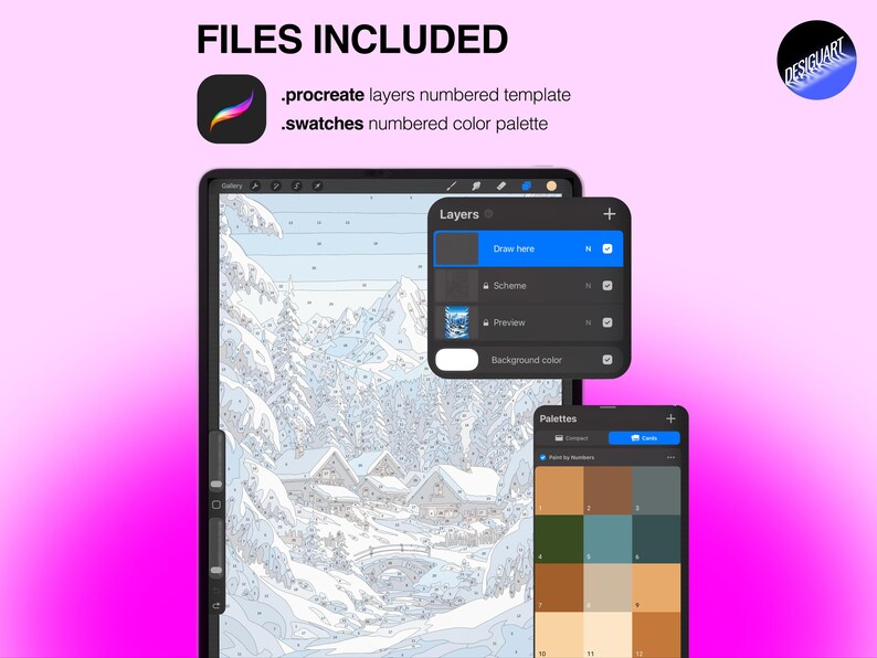 Puede incluir: Una plantilla digital de pintura por n&uacute;meros para Procreate que muestra una escena de un pueblo de monta&ntilde;a nevado. La interfaz muestra un panel de capas con opciones de dibujo, un esquema y una vista previa, junto a una paleta de colores.