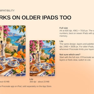 May include: Digital illustration showing two versions of a Mediterranean breakfast scene with a moka pot, coffee cups, and croissants. Text includes IPAD COMPATIBILITY, WORKS ON OLDER IPADS TOO, Full size, A4 at 600 dpi, 4961 x 7016 px, Lite, 300 dpi, 2480 x 3508 px.
