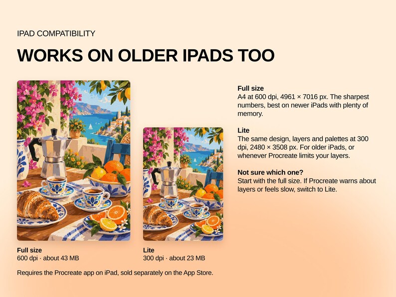 May include: Digital illustration showing two versions of a Mediterranean breakfast scene with a moka pot, coffee cups, and croissants. Text includes IPAD COMPATIBILITY, WORKS ON OLDER IPADS TOO, Full size, A4 at 600 dpi, 4961 x 7016 px, Lite, 300 dpi, 2480 x 3508 px.