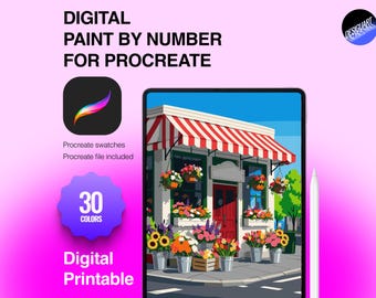 May include: A digital paint by number set for Procreate featuring a storefront illustration with red and white striped awnings, hanging flower baskets, and potted flowers. Includes 30 colors, Procreate swatches, and a Procreate file. Text reads: DIGITAL PAINT BY NUMBER FOR PROCREATE, 30 COLORS, Digital Printable.