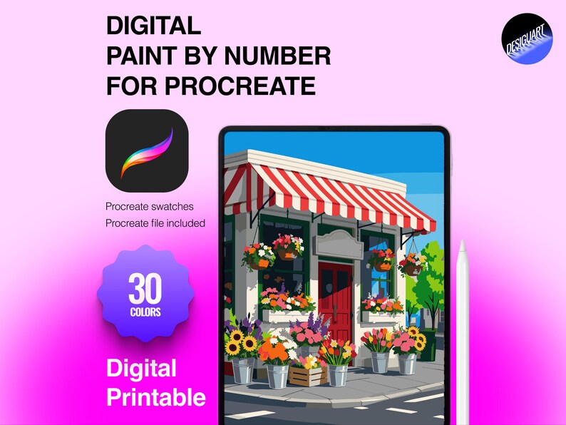 May include: A digital paint by number set for Procreate featuring a storefront illustration with red and white striped awnings, hanging flower baskets, and potted flowers. Includes 30 colors, Procreate swatches, and a Procreate file. Text reads: DIGITAL PAINT BY NUMBER FOR PROCREATE, 30 COLORS, Digital Printable.