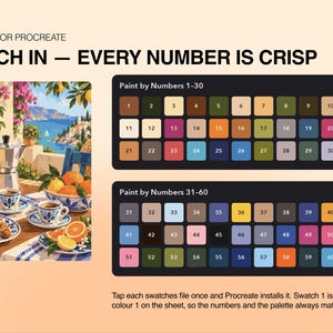 May include: A digital paint-by-numbers set for Procreate featuring a Mediterranean breakfast scene with a moka pot, coffee cups, and a croissant. Includes two color palettes with 60 numbered swatches labeled 1-30 and 31-60 for precise matching.