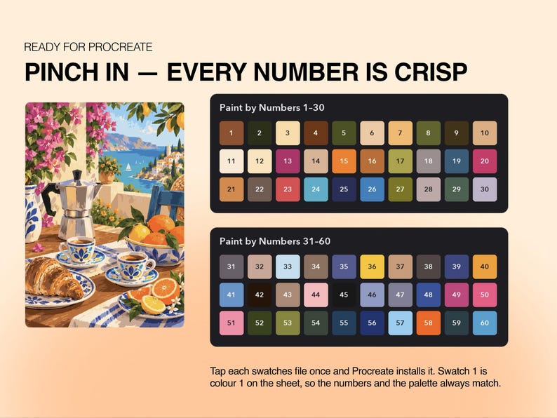 May include: A digital paint-by-numbers set for Procreate featuring a Mediterranean breakfast scene with a moka pot, coffee cups, and a croissant. Includes two color palettes with 60 numbered swatches labeled 1-30 and 31-60 for precise matching.