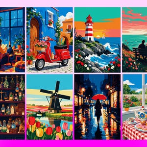 May include: A collection of eight distinct digital illustrations featuring a cozy library, a red scooter in a Mediterranean street, a coastal lighthouse, a sunset ocean view, an apothecary shelf, a windmill in a tulip field, a rainy street, and a tea set.