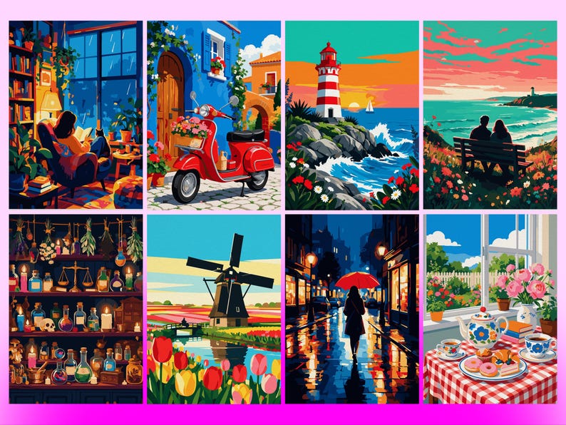 May include: A collection of eight distinct digital illustrations featuring a cozy library, a red scooter in a Mediterranean street, a coastal lighthouse, a sunset ocean view, an apothecary shelf, a windmill in a tulip field, a rainy street, and a tea set.