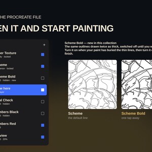 May include: A digital interface display for a Procreate file featuring a layers panel with options like Paper Texture, Scheme, Scheme Bold, and Draw here. Two side-by-side line art examples labelled Scheme and Scheme Bold show varying line thicknesses.