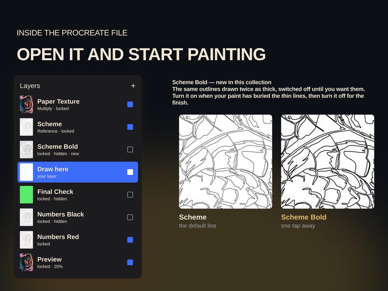 May include: A digital interface display for a Procreate file featuring a layers panel with options like Paper Texture, Scheme, Scheme Bold, and Draw here. Two side-by-side line art examples labelled Scheme and Scheme Bold show varying line thicknesses.