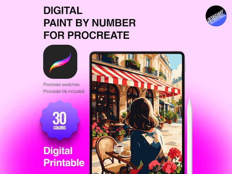 May include: A digital paint by number set for Procreate featuring a tablet displaying a Parisian cafe scene with a person sitting at a table. The text reads Digital Paint By Number For Procreate, 30 Colors, and Digital Printable. Includes a stylus.