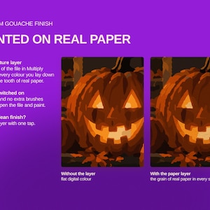 May include: A digital graphic on a purple background showcasing a premium gouache finish painted on real paper. It features two side-by-side pumpkin illustrations, one labeled without the layer showing flat digital color and one with the paper layer.