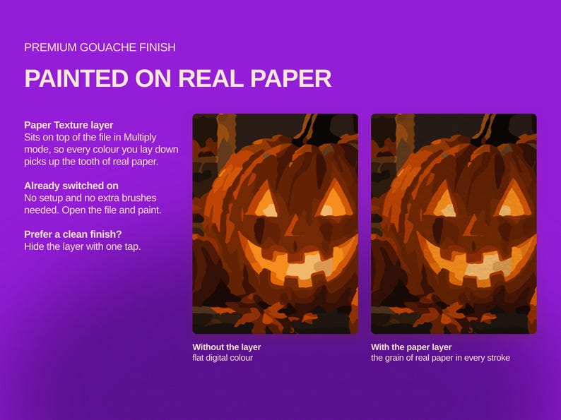 May include: A digital graphic on a purple background showcasing a premium gouache finish painted on real paper. It features two side-by-side pumpkin illustrations, one labeled without the layer showing flat digital color and one with the paper layer.