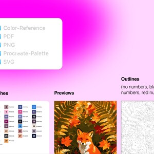 May include: A digital art kit featuring a file list with Color-Reference, PDF, PNG, Procreate-Palette, and SVG folders. Includes a numbered color swatch chart, a preview of a fox in autumn foliage, and an outline template for paint-by-number.