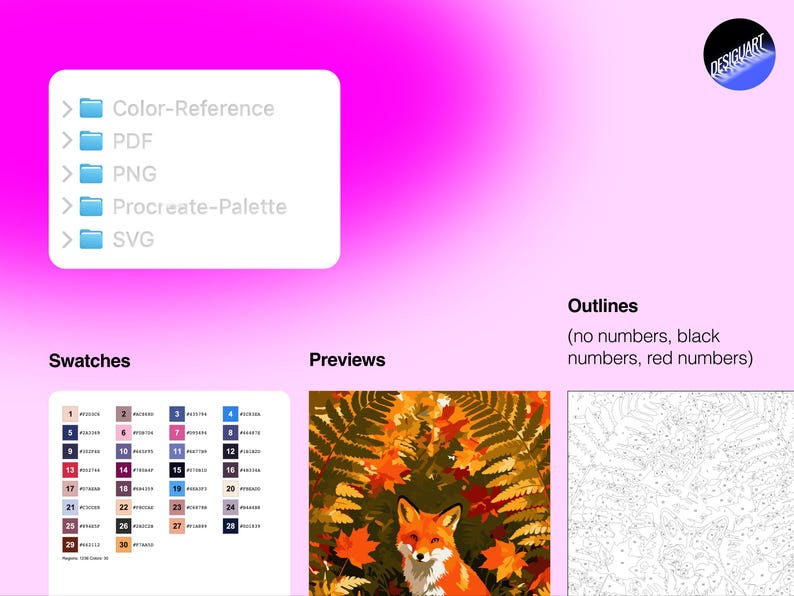 May include: A digital art kit featuring a file list with Color-Reference, PDF, PNG, Procreate-Palette, and SVG folders. Includes a numbered color swatch chart, a preview of a fox in autumn foliage, and an outline template for paint-by-number.