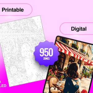 May include: A printable and digital paint-by-number set featuring a detailed line art template and a finished color illustration of a person sitting at a cafe table. The graphic includes the text Printable, Digital, 950 ZONES, and EXTRA DETAILED.