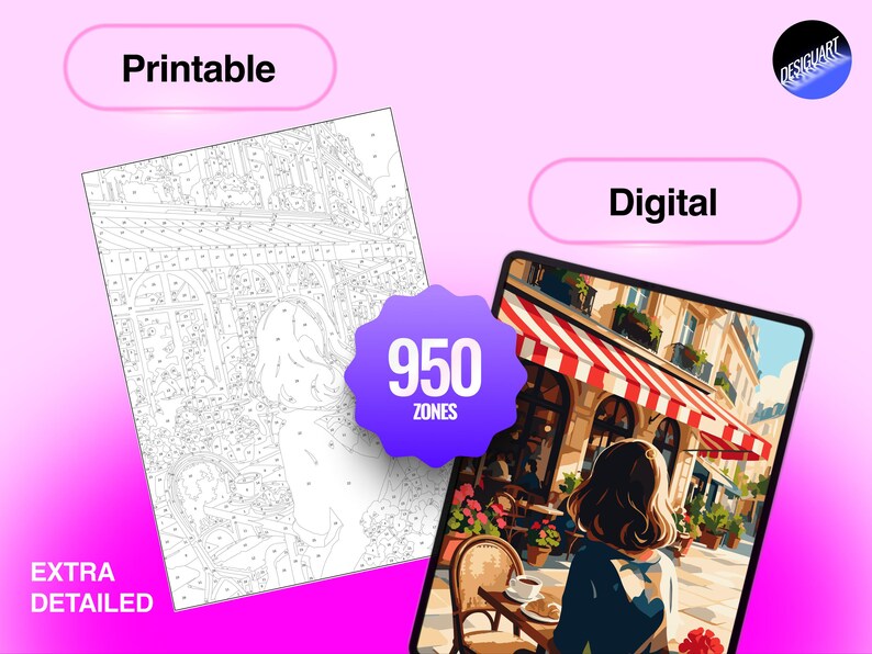 May include: A printable and digital paint-by-number set featuring a detailed line art template and a finished color illustration of a person sitting at a cafe table. The graphic includes the text Printable, Digital, 950 ZONES, and EXTRA DETAILED.