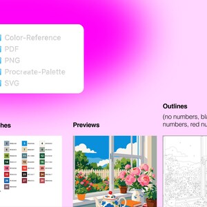 May include: A digital file set featuring a folder list with Color-Reference, PDF, PNG, Procreate-Palette, and SVG options. Includes a colour swatch chart with 30 numbered codes, a preview of a garden window scene, and a numbered outline template.