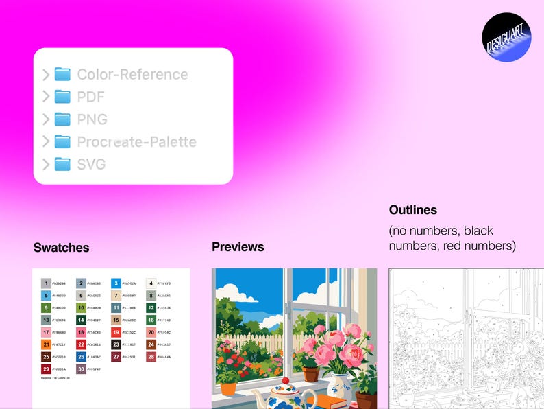 May include: A digital file set featuring a folder list with Color-Reference, PDF, PNG, Procreate-Palette, and SVG options. Includes a colour swatch chart with 30 numbered codes, a preview of a garden window scene, and a numbered outline template.
