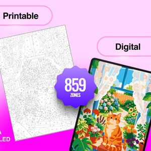 May include: A paint-by-number set featuring a printable black and white line art sheet and a digital color version on a tablet. The image shows a ginger cat sitting in a garden window with 859 zones. Text includes Printable, Digital, and Extra Detailed.