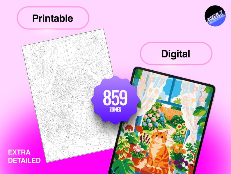 May include: A paint-by-number set featuring a printable black and white line art sheet and a digital color version on a tablet. The image shows a ginger cat sitting in a garden window with 859 zones. Text includes Printable, Digital, and Extra Detailed.