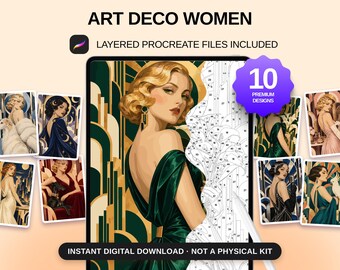 10 Art-Deco-Frauen – Ausmalen nach Zahlen, 60-Farben-Procreate-Malvorlagen (Digitaler Download)
