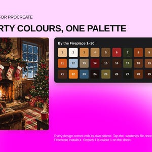 May include: A digital color palette for Procreate titled By the Fireplace 1-30, featuring thirty numbered swatches in various shades. The image displays a cozy room with a fireplace, Christmas tree, and stockings, alongside the color grid.