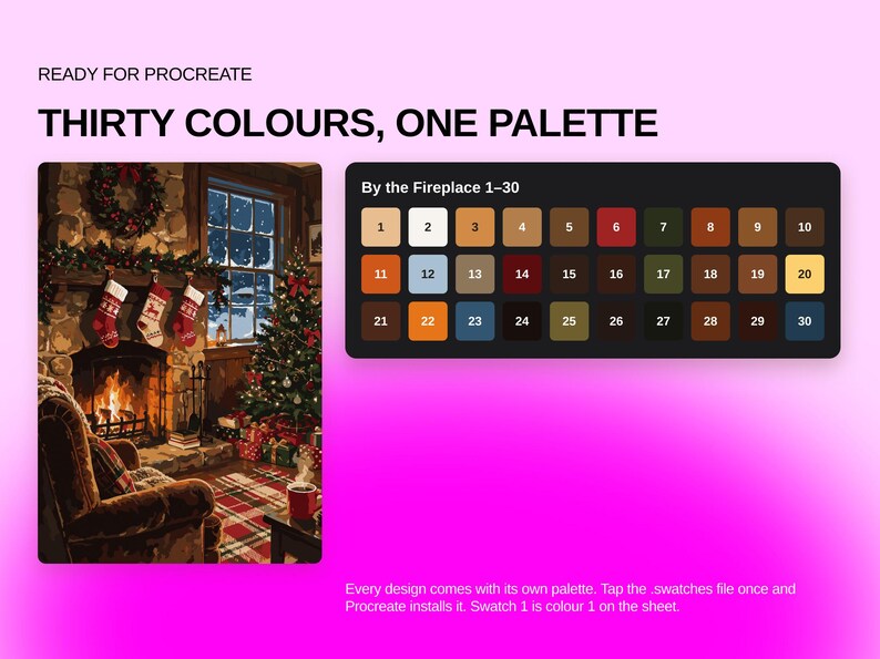 May include: A digital color palette for Procreate titled By the Fireplace 1-30, featuring thirty numbered swatches in various shades. The image displays a cozy room with a fireplace, Christmas tree, and stockings, alongside the color grid.