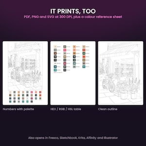 May include: A digital paint-by-number set featuring a storefront scene with a bicycle and potted plants. Includes three files: a numbered outline with a color palette, a HEX/RGB/HSL color reference table, and a clean outline. Text reads IT PRINTS, TOO, PDF, PNG and SVG at 300 DPI, plus a colour reference sheet, Numbers with palette, HEX / RGB / HSL table, Clean outline, and Also opens in Fresco, Sketchbook, Krita, Affinity and Illustrator.