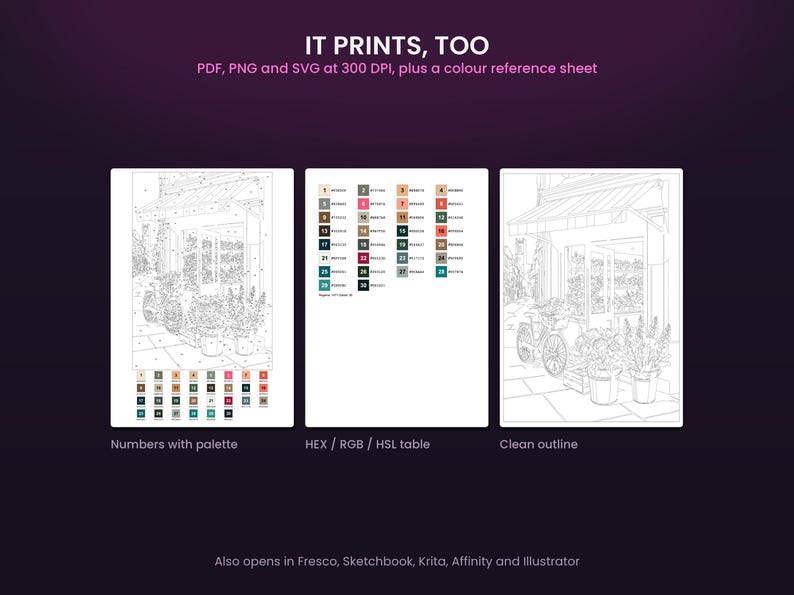 May include: A digital paint-by-number set featuring a storefront scene with a bicycle and potted plants. Includes three files: a numbered outline with a color palette, a HEX/RGB/HSL color reference table, and a clean outline. Text reads IT PRINTS, TOO, PDF, PNG and SVG at 300 DPI, plus a colour reference sheet, Numbers with palette, HEX / RGB / HSL table, Clean outline, and Also opens in Fresco, Sketchbook, Krita, Affinity and Illustrator.
