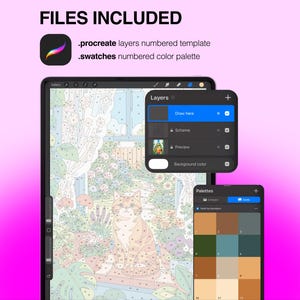 May include: A digital paint-by-number template for Procreate featuring a cat sitting in a garden window. The file includes a layered template and a numbered color palette. Text includes FILES INCLUDED, .procreate layers numbered template, and .swatches numbered color palette.