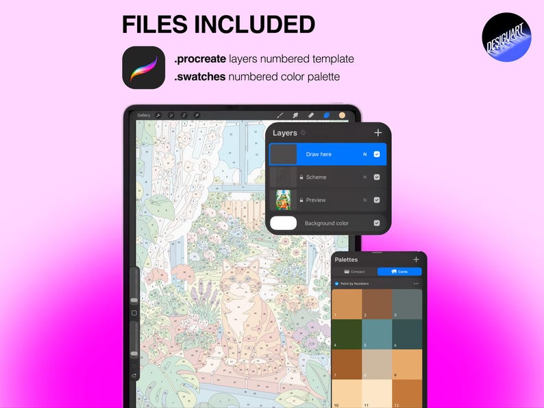 May include: A digital paint-by-number template for Procreate featuring a cat sitting in a garden window. The file includes a layered template and a numbered color palette. Text includes FILES INCLUDED, .procreate layers numbered template, and .swatches numbered color palette.