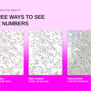 May include: A digital graphic displaying three ways to see numbers on a paint-by-numbers template. The text reads: ONLY WHEN YOU WANT IT, THREE WAYS TO SEE THE NUMBERS. The options are red numbers, black numbers, and a color preview with faint hints.