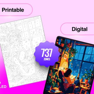 May include: A paint-by-number set featuring a printable black and white line art sheet with 737 zones and a finished digital color version showing a person reading in a chair by a window at night, labeled with the text Printable, Digital, and Extra Detailed.