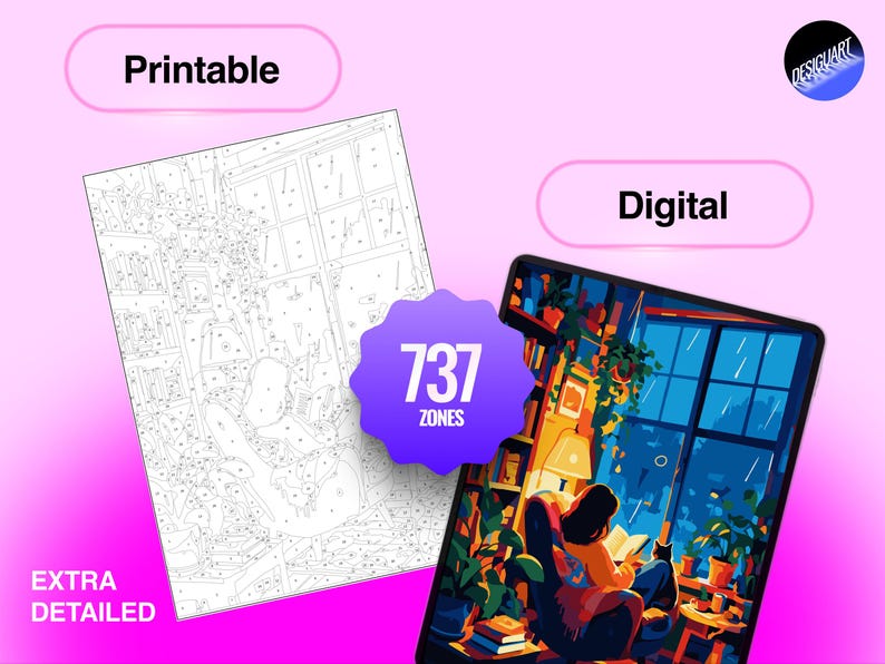 May include: A paint-by-number set featuring a printable black and white line art sheet with 737 zones and a finished digital color version showing a person reading in a chair by a window at night, labeled with the text Printable, Digital, and Extra Detailed.