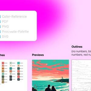 May include: A digital art kit featuring a pink gradient background with a file list including Color-Reference, PDF, PNG, Procreate-Palette, and SVG. It includes a numbered color swatch chart, a preview of a coastal landscape, and line art outlines.