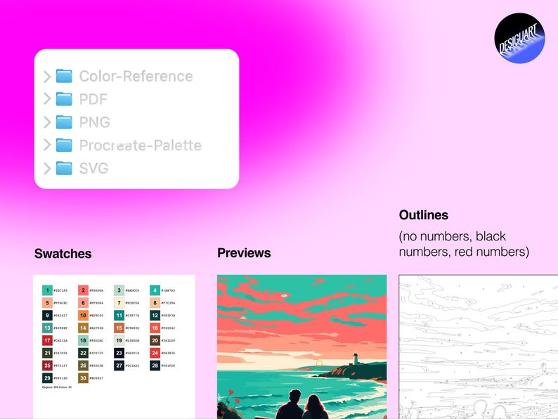 May include: A digital art kit featuring a pink gradient background with a file list including Color-Reference, PDF, PNG, Procreate-Palette, and SVG. It includes a numbered color swatch chart, a preview of a coastal landscape, and line art outlines.