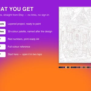 May include: A digital coloring project featuring a line art illustration of a house with a porch and pumpkins. The text reads WHAT YOU GET, Five files, straight from Etsy, .procreate Layered project, .swatches 30-colour palette, and PDF files.