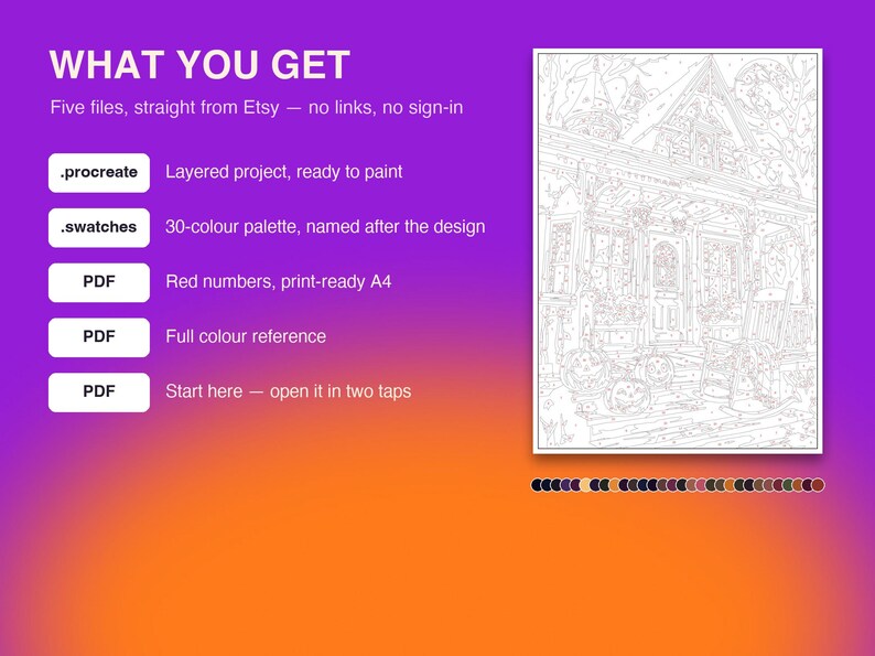 May include: A digital coloring project featuring a line art illustration of a house with a porch and pumpkins. The text reads WHAT YOU GET, Five files, straight from Etsy, .procreate Layered project, .swatches 30-colour palette, and PDF files.