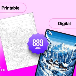 Puede incluir: Un set de pintura por n&uacute;meros imprimible y digital que muestra un paisaje de monta&ntilde;a invernal con caba&ntilde;as y pinos nevados. El dise&ntilde;o incluye 889 zonas para colorear, presentadas como una p&aacute;gina de arte lineal y una versi&oacute;n a color.