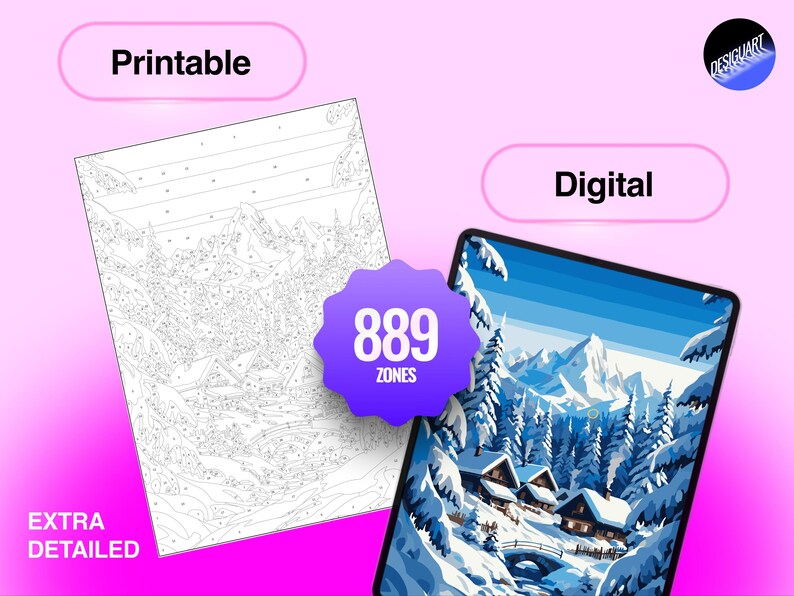 Puede incluir: Un set de pintura por n&uacute;meros imprimible y digital que muestra un paisaje de monta&ntilde;a invernal con caba&ntilde;as y pinos nevados. El dise&ntilde;o incluye 889 zonas para colorear, presentadas como una p&aacute;gina de arte lineal y una versi&oacute;n a color.